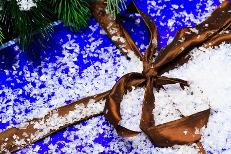 Christmas Present (blue packing, brown ribbon)の写真素材