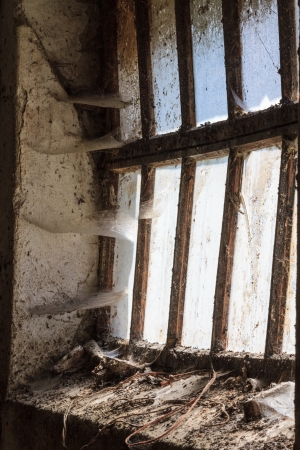 Old window with stains and cobwebs