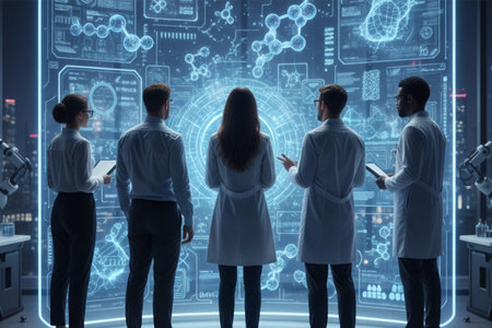 Rear view of a group of doctors standing in front of a hologram screen.の素材