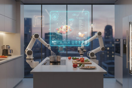3d rendering robot working in a modern kitchen with artificial intelligence conceptの素材