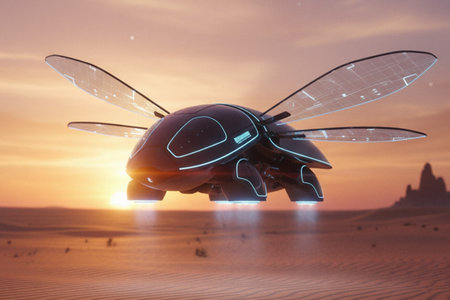 Futuristic alien spaceship flying in the desert. 3d renderingの素材