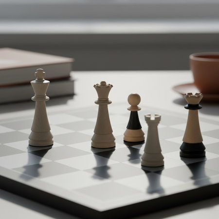 chess pieces on a chessboard with a cup and a bookの素材