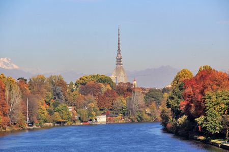 Autumn in Turin (Torino), panorama with river Po and the Mole Antonelliana, Italyのeditorial素材