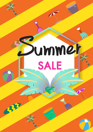 Summer sale vector banner template with summer accessories illustration.のイラスト素材