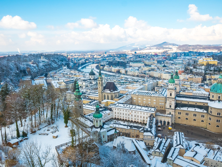 cityscape landscape salzburg austria blue sky winter season snowの写真素材