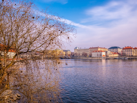 landscape view from charles bridge with boat and ship Vltava river beautiful old town prague .czech republic.の写真素材