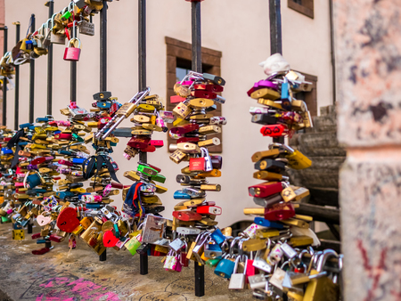 Feb 20 2018, PRAGUE,CZECH REPUBLIC. love padlocked key of couple on the bridge near the john lennon wall around charles bridge old town.のeditorial素材