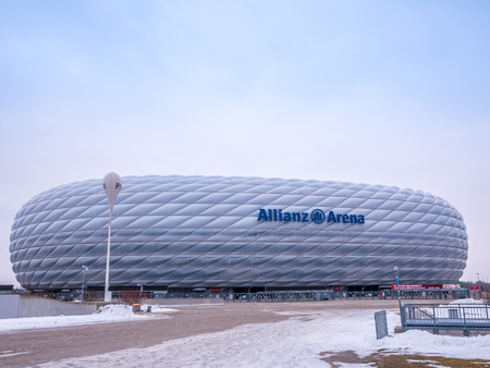 MUNICH, GERMANY - 22 FEBUARY 2018: The Allianz Arena is the home football stadium for FC Bayern Munich with a capacity of 70.000 seats.Most famous football club in Germany.のeditorial素材