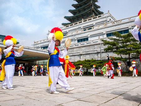 APRIL 14, 2018, The Korean traditional percussion band is performing at Hanok Village in seoul, South Korea."Pungmul" was performed at The National Folk Museum of Korea.のeditorial素材