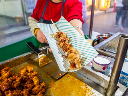 fired chicken spicy Traditional Korean food in local market,street food the most famous in south korea.の写真素材