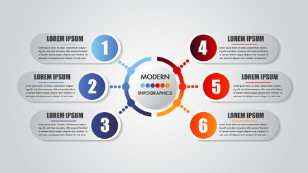 Infographics business 6 steps options concept horizontal timeline process chart template. Vector modern banner used for presentation and workflow layout diagram, web design. Modern minimal colorful.のイラスト素材