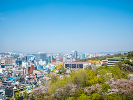 Seoul,South Korea- April 16, 2018: View on Seoul from Namsan mount in summer season Cherry Blossoms sakura.のeditorial素材