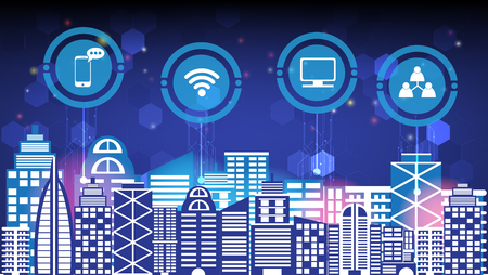 Abstract technology innovation smart city and wireless communication network night city social digital life, internet of things services and icons flat design.のイラスト素材