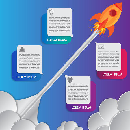 Infographics design template rocket or spaceship launches through the clouds with icons flying up 4 options elements arranged in vertical row and year indication.Concept of four annual steps.のイラスト素材