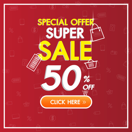 Sale Discount red banner background up to 50% off technology concept for the online shopping store, shop, promotional leaflet, poster.Vector illustrationのイラスト素材