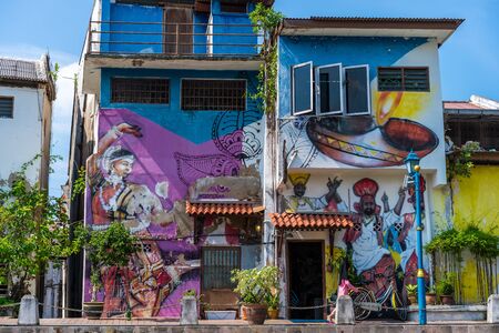 MELAKA, MALAYSIA -DECEMBER 30,2018: Street art on buildings along the Melaka river. Malacca, dubbed Historic State historical city centre Colorful painting of the houses along Melaka river.のeditorial素材