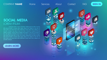 Social media flat 3d isometric concept vector icon with mobile phone technology connect database digital cyber process vector illustration.のイラスト素材