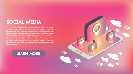 Social media apps on a smartphone 3d isometric icons. Mobile apps smart technology. Created For Mobile, Decor, Application. Perfect for web design, banner and presentation.のイラスト素材