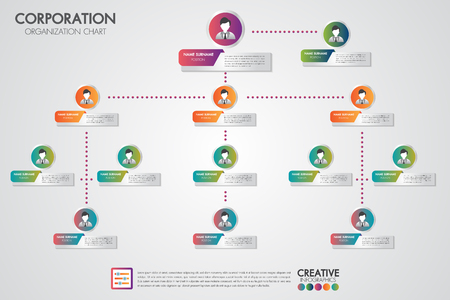 Corporate organization chart template with business people icons. Vector modern infographics and simple with profile illustration.Corporate hierarchy and human model connection.のイラスト素材