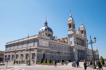 Madrid, Spain - April 12, 2019: View of famous Almudena Cathedral in downtown Madrid, Spain.のeditorial素材