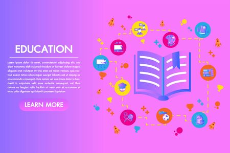 Education Flat colorful design.Open book with set elements knowledge icons. Science and Technology, icon background, Landing page concept. Linear web symbol for online university.のイラスト素材
