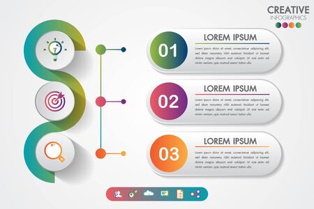 Business infographics three steps modern creative step by step can illustrate a strategy, workflow or team work. Timeline with copy space and business icons.のイラスト素材