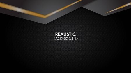Black and gold background abstract realistic layered papercut mat geometric elegant futuristic glossy light with grid line.Modern shape concept.Cover layout template material design.のイラスト素材