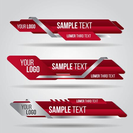 Lower third red design template modern contemporary. Set of banners bar screen broadcast bar name. Collection of lower third for video editing on transparent background.のイラスト素材