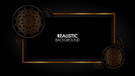 Black and Gold background abstract geometric mandala shapes luxury design wallpaper.Realistic layer metallic elegant futuristic glossy light.Cover layout template.のイラスト素材