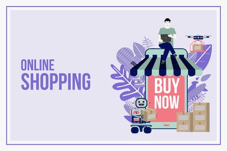 Online delivery shopping flat design with concept robot service. This design can be used for websites, landing pages.Internet shipping web banner with modern city.のイラスト素材
