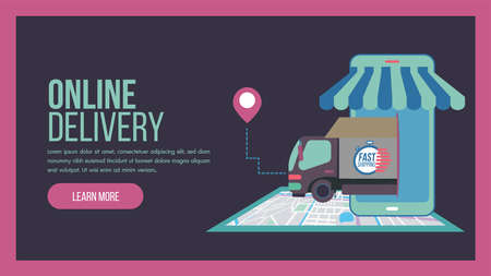 Online delivery service concept landing page with truck and staff service. This design can be used for websites, landing pages.Internet shipping web banner with modern city.Vector illustration.のイラスト素材