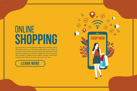 Online delivery shopping flat design with concept robot service. This design can be used for websites, landing pages.Internet shipping web banner with modern city.のイラスト素材
