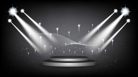 Abstract background stage with scenic lights of round futuristic technology user interface Black vector lighting empty stage spotlight background.のイラスト素材