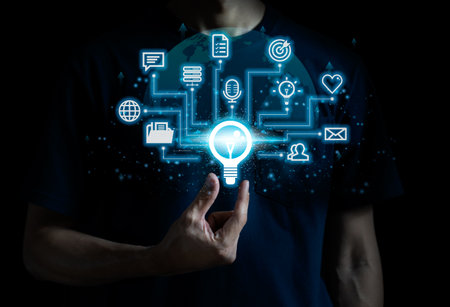 Online education E-Learning concept internet technology and social network courses.Businessman get idea button on a web search string virtual screen.Copy space for your text.の写真素材