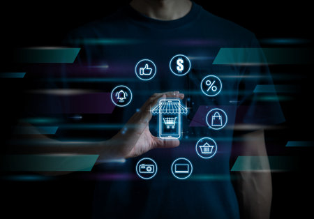 Online shopping business technology concept selecting with business icons.Process buying digital online shopping search string virtual screen.Copy space for your text.の写真素材