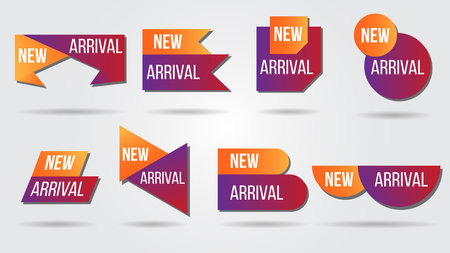 New arrival vector illustration collection labels shop products.Red promotion labels for arrivals shop section.Posters and banners sticker icons templates.のイラスト素材