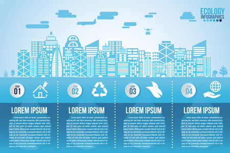 Infographic eco water blue design elements process 4 steps or options parts with smart city. Ecology organic nature vector business template for presentation.のイラスト素材