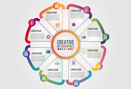 Infographics chart 8 steps options business concept horizontal timeline process template. Vector modern banner used for presentation and workflow layout diagram, web design. world map.のイラスト素材