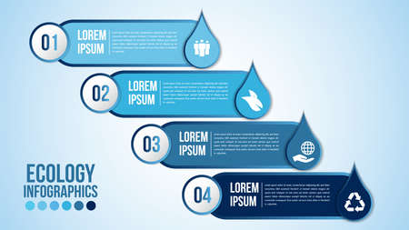 Infographic eco water blue design elements process 4 steps or options parts with drop of water. Ecology organic nature vector business template for presentation.のイラスト素材