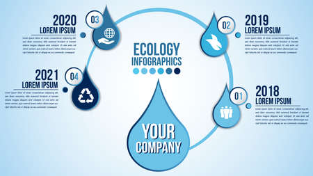 Infographic eco water timeline blue design elements process 4 steps or options parts with drop of water. Ecology organic nature vector business template for presentation.のイラスト素材