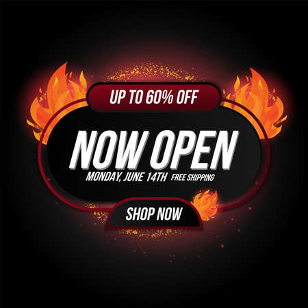 Now open shop or new store red and orange color fire sign on black background.Template design for opening event.Can be used for poster ,flyer , banner.のイラスト素材