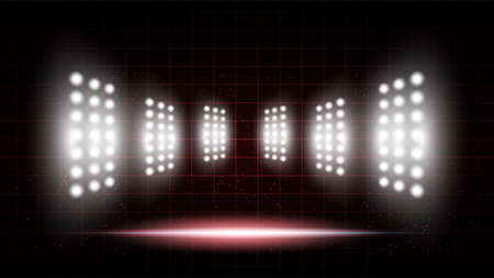 Abstract red background stadium stage hall with scenic lights of round futuristic technology user interface Blue vector lighting empty stage spotlight background.のイラスト素材