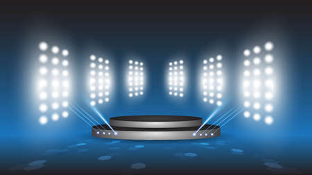 Abstract blue product showcase background stadium stage hall with scenic lights of round futuristic technology user interface Blue vector lighting empty stage spotlight background.のイラスト素材