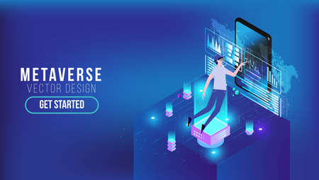 Metaverse VR flyer banner abstract technology background Hi-tech communication concept, technology, digital business, innovation, science fiction scene vector illustration with copy-space.のイラスト素材