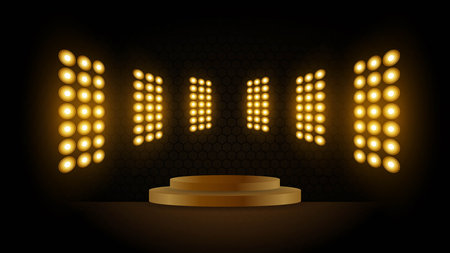 Abstract background gold podium for product stadium stage hall presentation with scenic lights of round futuristic neon glowing round frame and rays.Gold vector lighting stage spotlight background.のイラスト素材