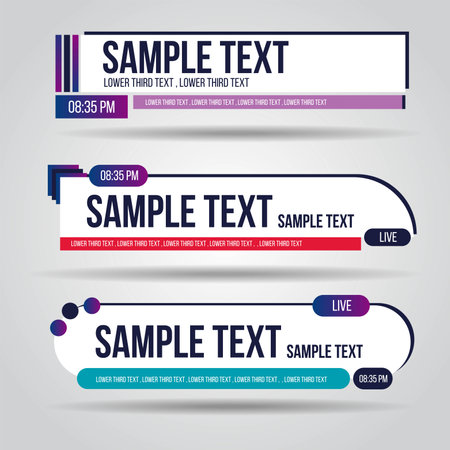 Lower third white and colorful design template modern contemporary. Set of banners bar screen broadcast bar name. Collection of lower third for video editing on transparent background.のイラスト素材