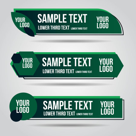 Lower third green design template modern contemporary. Set of banners bar screen broadcast bar name. Collection of lower third for video editing on transparent background.のイラスト素材