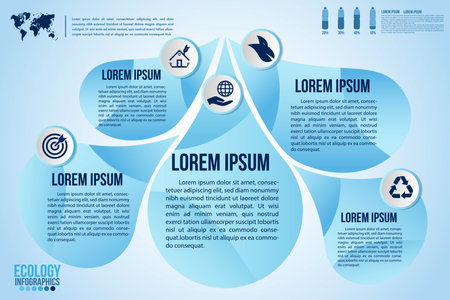 Infographic eco water blue design elements process 5 steps or options parts with drop of water. Ecology organic nature vector business template for presentation.のイラスト素材