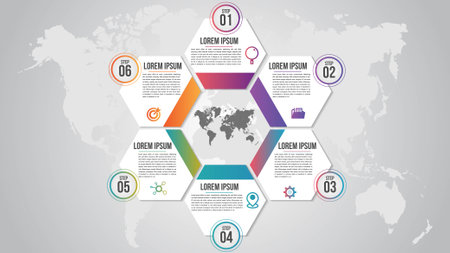Business infographics template.Presentation with 6 steps or options.Can be used for workflow layout, diagram, step options, banner, web design.Abstract background.のイラスト素材