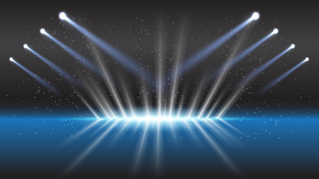 Abstract technology background stadium stage hall with scenic lights of round futuristic technology user interface Blue vector lighting empty stage spotlight background.のイラスト素材